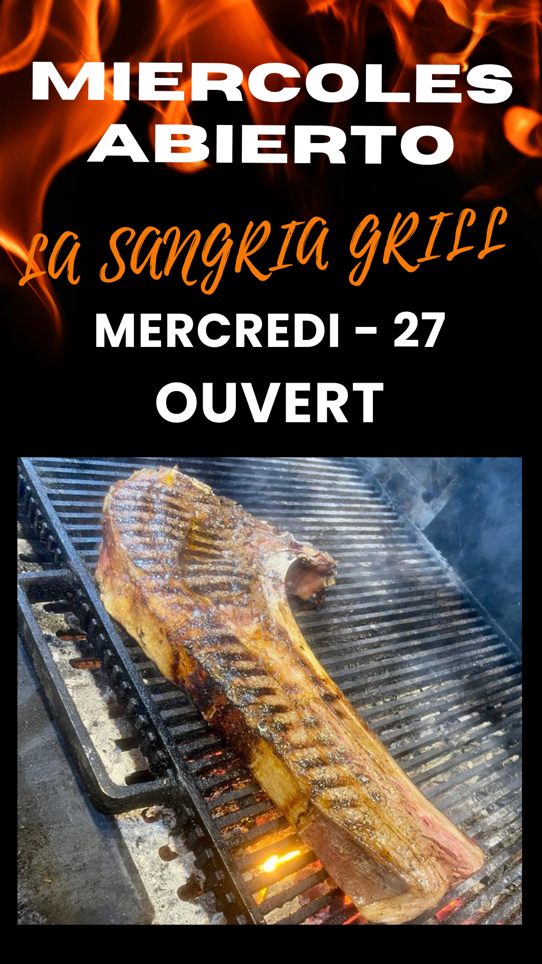 Ce mercredi 27 mars, au Restaurant Grill La Sangria, nous sommes ouverts. Réservez votre table maintenant.