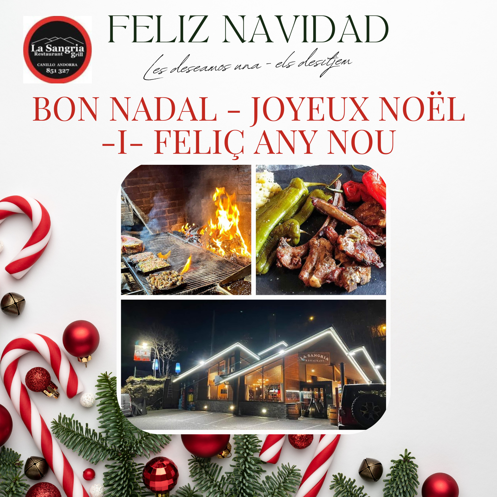 🍷🍽️ bon Nadal i feliç any nou 2025 des del Restaurant La Sangria Grill a Encamp! 🎉✨ Veniu a celebrar aquestes festes amb nosaltres i gaudiu de moments inoblidables amb la nostra cuina deliciosa i un ambient acollidor. 🎅🎄🥂