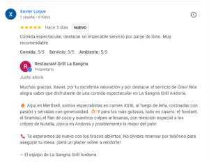 Muchas gracias, Xavier, por tu excelente valoración y por destacar el servicio de Gino! Nos alegra saber que disfrutaste de una comida espectacular en La Sangria Grill Andorra. 🔥 Aquí en Meritxell, somos especialistas en carnes XXXL al fuego de leña, cocinadas con pasión y servidas con generosidad. 🍰 Y para los más golosos, todo es casero: el fondant, el tiramisú, el flan de coco y nuestros crêpes artesanas, con mención especial a los crêpes de Nutella, ¡única en Andorra y posiblemente la mejor del país! 📞 Te esperamos de nuevo con los brazos abiertos. No olvides reservar por teléfono para asegurar tu mesa. ¡Será un placer volver a recibirte! — El equipo de La Sangria Grill Andorra