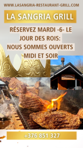 👑✨ DIA DE REIS A LA SANGRIA GRILL ANDORRA  ✨👑 A Meritxell, la màgia també es viu al voltant del foc de llenya i de les nostres carns XXXXL. Aquest 6 de gener estem oberts tot el dia, 👉 migdia i nit, 👉 en horari habitual, perquè pugueu celebrar Reis amb les millors carns al foc de llenya d’Andorra. 🔥 Entrecots XXXXL 🔥 Tomahawks XXXXL 🔥 Les millors peces del país, tendres, saboroses i cuites com només nosaltres sabem fer. I per acabar… 🍫 Postres 100% casolans: fondant, tiramisú, flam de coco i els nostres crepès fets a mà, amb els crepès de Nutella més famosos d’Andorra. Veniu a gaudir d’un Dia de Reis diferent, saborós i inoblidable. 📞 Recomanem reservar per telèfon. La Sangria Grill Andorra — On el foc és real i la carn és XXXXL.