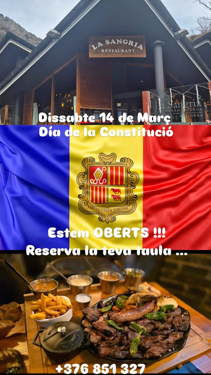 Restaurant LA SANGRIA GRILL ANDORRA. Aquest dissabte 14 de març, Dia de la Constitució, a La Sangria Grill tenim les brases enceses i el restaurant obert al migdia perquè pugueu celebrar aquest dia tan especial per Andorra gaudint de bona carn a la graella al cor de Meritxell. Si vens a passar el dia a Andorra o aprofites el festiu per gaudir de la neu, t’esperem a només uns metres del Santuari de Meritxell amb els nostres Xuletons (Chuletones) XXXXL, tomahawks, costelles de xai del Pirineu i carn a la brasa amb llenya de veritat. Reserva la teva taula per al dissabte 14 de març i celebra el Dia de la Constitució amb el millor sabor de muntanya.📞 Reserves només per telèfon: +376 851 327 #DiaDeLaConstitució #Andorra #LaSangriaGrill #CarnALaBrasa #Meritxell