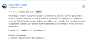 De visita por Andorra nuevamente, reserva a última hora. Increíble servicio por parte de Roberto y Gerson, sin duda los líderes del local, muy buena recomendación, honestos y sinceros. Toda la familia a gusto, un local accesible y muy cómodo. Con ese chuletón para dos personas podrían haber comido mis tres próximas generaciones de nietos. Sin ninguna duda volveremos. Comida: 5/5 Servicio: 5/5 Ambiente: 5/5. Comida vegetariana: El que sea vegetariano que baje a Barcelona.